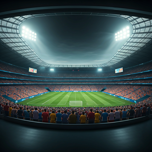 Estadio de fútbol lleno visto desde la grada, con las luces encendidas